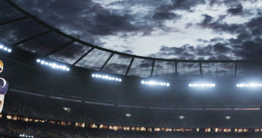 American football player in action on a professional stadium. Stadium is made in 3d with animated crowd. Royalty-Free Stock Footage #1054553027