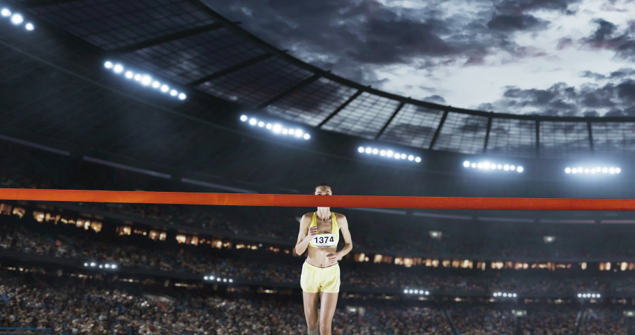 Track and field runner crosses finishing line on the professional sports arena. The woman is happy, smiling with arms raised. Arena and people on it are made in 3D and animated.