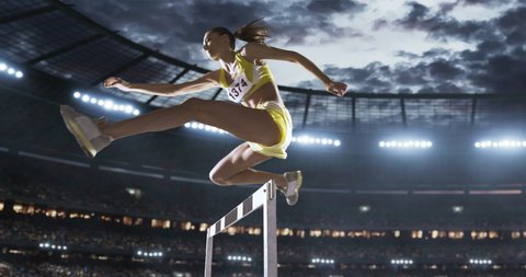Track and field runner hurdles on the professional sports arena with bleaches full of people. Arena and people on it are made in 3D.