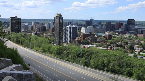 Timelapse of Hamilton, Ontario city center with expressway 4K
