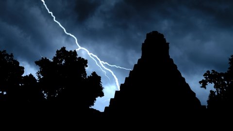Guatemala: Thunderstorm and Lightning Over Maya Pyramid, Tikal National Park