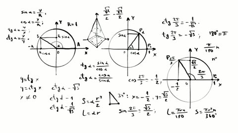 Handwritten geometrical figures, calculations and equations. Higher Mathematics. Mathematical analysis. Handwritten mathematical formulas.