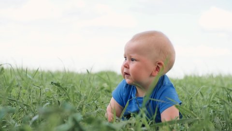 4k. baby sitting crawling on green grass and smiling broadly. Excited cute little caucasian child. Happy childhood and baby healthcare