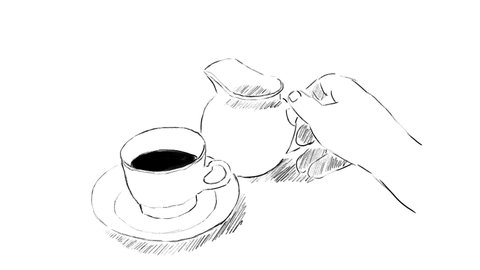 2d motion animation drawing of a hand pouring milk from a jug into a Cup of coffee