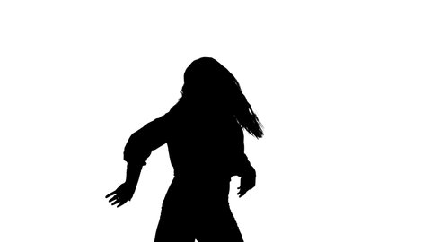 Medium long shot of young beautiful woman dancer with long hair dancing dancehall, hip hop, street modern dance. Contemporary choreography. Black silhouette on a white background