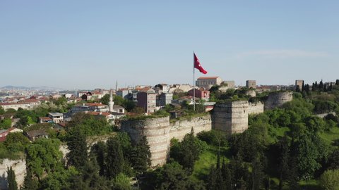 Aerial view of Old Castle Wall and Golden Horn Lanscape.4K Footage in Turkey
