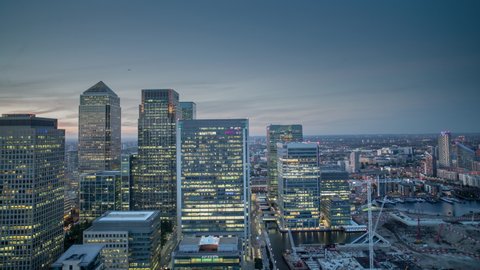 Back and forth timelapse video of skyscrapers in Canary Wharf, London, England - September 2019