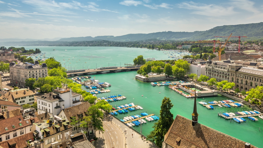 Panoramic view of Lake Zurich and Limmat river in old town Zurich, Switzerland. Aerial view.