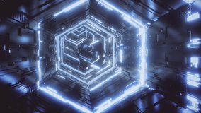 Abstract digital background with animation of a mirror gem flying through the futuristic hexagon tunnel illuminated by blue neon lights. Seamless loop 3d rendering in 4K video.
