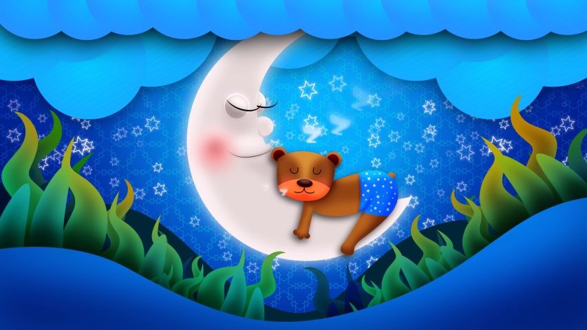 cute bear cartoon sleeping on moon,  for lullabies, calming, relaxing, best looped motion background 4K.