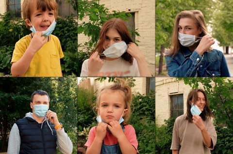 Happy positive people collage, young women, man and kids on protective medical mask from face, smiling. Happy end quarantine and home isolation. Victory over coronavirus Pandemic Covid-19