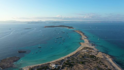 Aerial view of the sand spit and turquoise water of Formentera, Ibiza