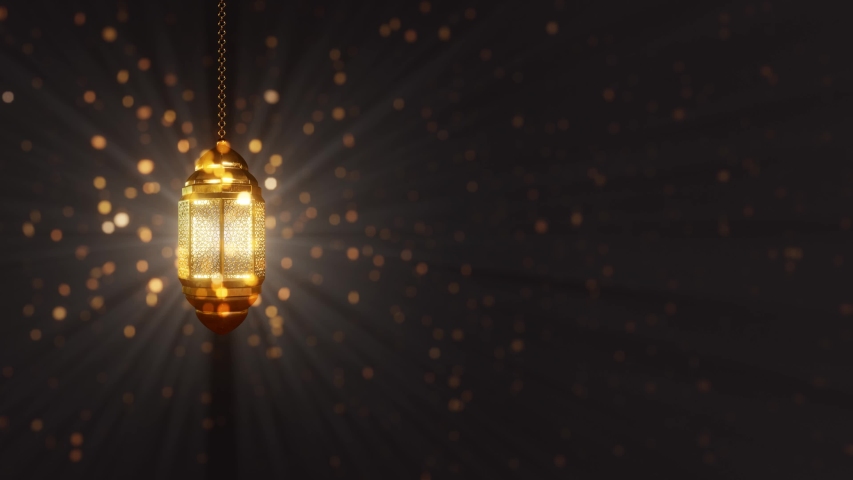 Ramadan candle lantern glows with rays on a rich Golden background. Shimmering Glittering Particles With Bokeh.  4K loop video animation Royalty-Free Stock Footage #1054578701