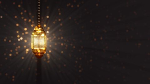 Ramadan candle lantern glows with rays on a rich Golden background. Shimmering Glittering Particles With Bokeh.  4K loop video animation