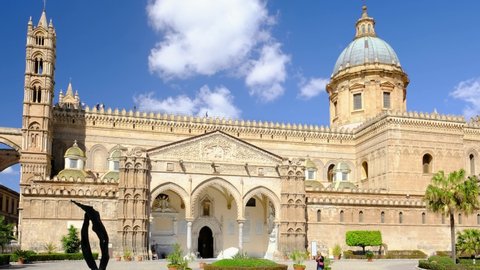 Panoramic view of Palermo Cathedral Duomo di Palermo in Palermo, Sicily, Italy. Slow panning shot