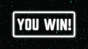 Animation of vintage video game screen with the words You Win! written in white capital letters in white frame with multiple blue spots in motion glowing on black background.  - Powered by Shutterstock - Get 15% off with code: PIKWIZARD15