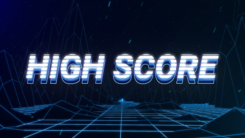 Animation of vintage video game screen with the words High Score written in white and blue letters appearing and disappearing on grid moving in seamless loop, mountains on dark blue background.  - Powered by Shutterstock - Get 15% off with code: PIKWIZARD15