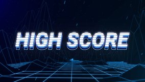 Animation of vintage video game screen with the words High Score written in white and blue letters appearing and disappearing on grid moving in seamless loop, mountains on dark blue background.  - Powered by Shutterstock - Get 15% off with code: PIKWIZARD15