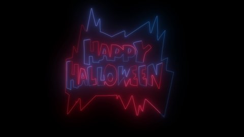 Стоковое видео: Happy Halloween text for party invitation, greeting card neon sign light glowing on black background. Happy Halloween Text Banner by neon lights. The best stock of animation neon flickering, sparkle