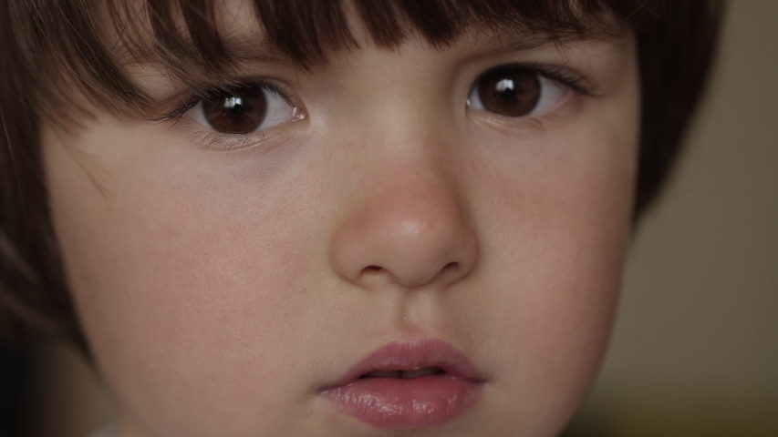 Portrait Little Child Boy Looking at Camera. Young Serious Thinking Curiosity Child Looking at Camera. Closeup. Indoors. Sad Kid Boy Portrait. Face Serious Contemplative Child. Royalty-Free Stock Footage #1054588541