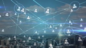 Animation of network of connections and white people icons interacting over cityscape with clouds on blue sky in the background. Global network connections and social networking concept. - Powered by Shutterstock - Get 15% off with code: PIKWIZARD15