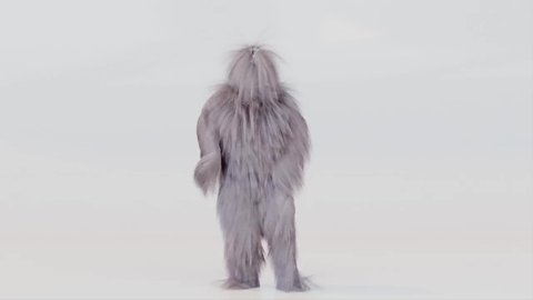 Hairy Monster Dancing Gangnam Style against white background. fur bright funny fluffy character, fur, full hair, Chewbacca, snowman, 3d render. Sneaking out. 