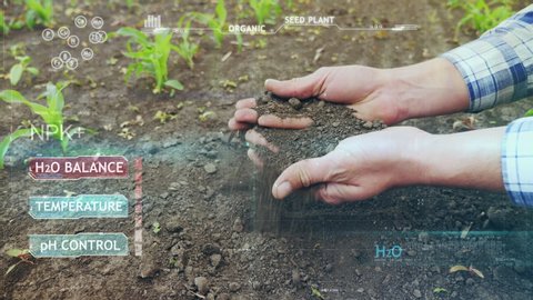 The farmer checks the soil moisture in the field. The H2O indicator flashes red, dry soil, modern technologies of the future in agriculture, soil analysis, warning about the lack of water in the