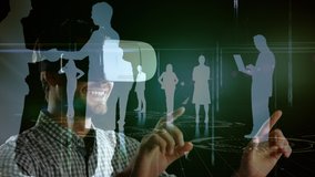 Animation of data processing, glowing silhouettes of people using digital devices, with man wearing VR headset, smiling and touching virtual interactive screen on green background - Powered by Shutterstock - Get 15% off with code: PIKWIZARD15