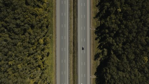 Multi-lane roads surrounded by green trees, fly over a highway drone aerial shot. High quality 4k footage of russian countryside, highway in Russia during a summer sunny day