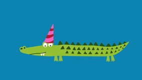 Happy birthday - Cute walking baby alligator or crocodile with birthday gift and party cap. 2D animation made in 4K, full HD, loopable clip. Copy space.