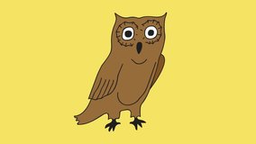 Footage cartoon animation of funny hand drawn brown owl blinking with wide open eyes on chroma key yellow background. Motion design element for animation for school education nature concept