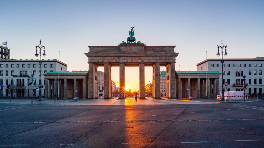 Night to Day Time Lapse of brandenburg gate with morning traffic, Berlin, Germany Royalty-Free Stock Footage #1054611080