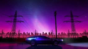 80s retro country drive seamless loop with vintage car. Stylized rural landscape in outrun VJ style, night sky and a city. Vaporwave 3D animation background for music video, DJ set, clubs, EDM music
