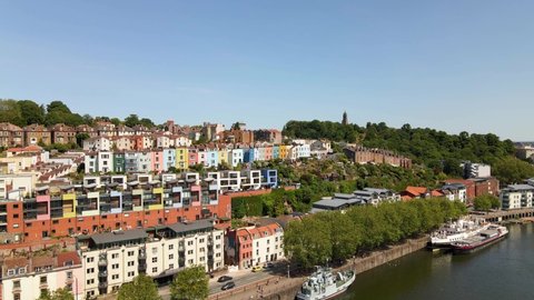 Aerial shot of Bristol Colourful Houses of Clifton, Rainbow houses, Cliftonwood Crescent, Bristol UK, River Avon drone footage