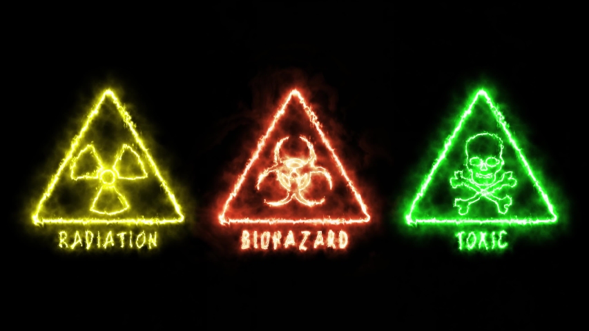 Warning Symbols on a black background. Fire animation in graphic stile. Abstract background with simbols Radiation, Biohazard, Toxic