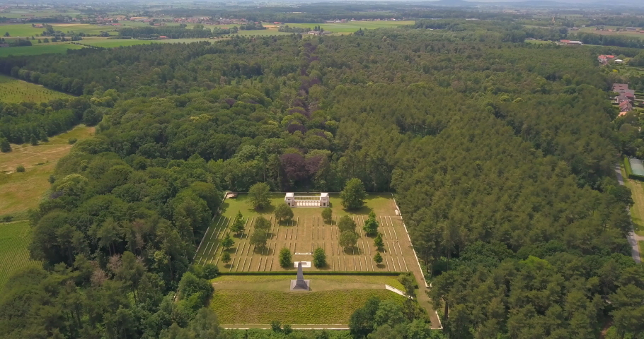 Polygon Wood Cemetery in Flanders, Belgium. Commonwealth War Graves Commission burial ground for the dead of the First World War in Belgium. Ypres Salient on the Western Front. Arial footage