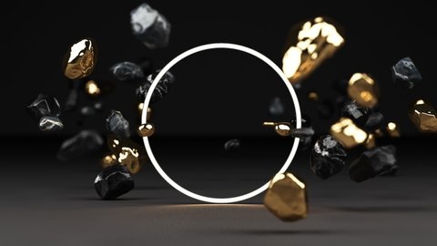 3d rendering of black marble pedestal isolated on black background, round gold freeform rock, abstract minimal concept, blank space, clean design, luxury minimalist mockup, lighting frame growing loop