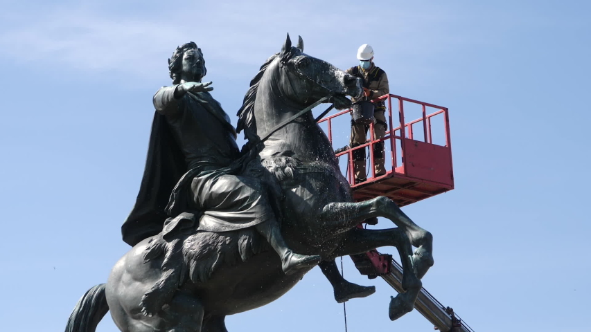Monument to Peter the great. The copper horseman is washed in St. Petersburg. Spring 2020
