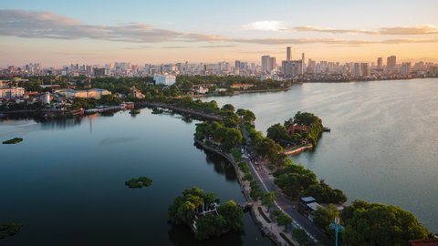 Hanoi, Vietnam, time lapse view of Hanoi skyline showing Tay Ho District and West Lake at sunset.