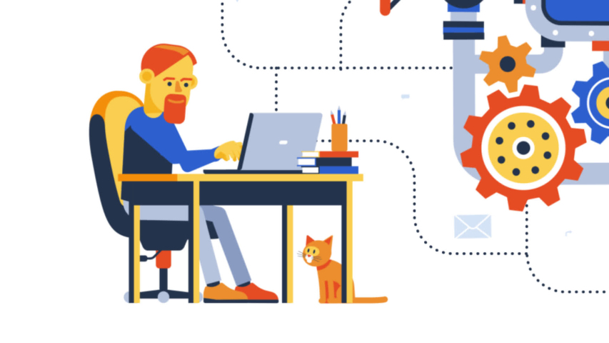 Teamwork remotely online on creative project. People with laptop working working together on a common startup. Looped animation with alpha channel