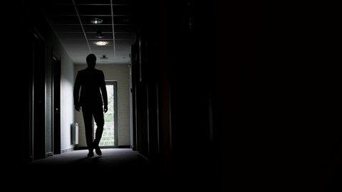 Slow motion, a backlit man walks along the corridor of an office or hotel to the glass doors, then stops and waits.