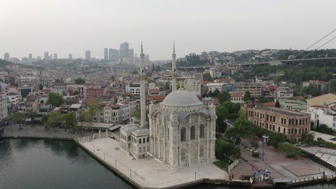 Aerial view of Ortakoy Mosque and Istanbul Bosphorus Bridge Landscape. Empty Streets without people. Quarantine days. 4K Footage in Turkey