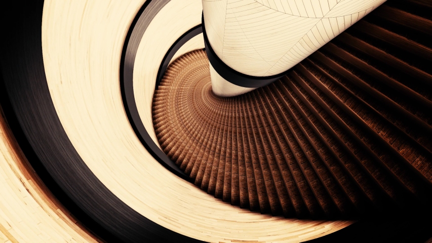 Upside down view of a spiral staircase. Animation. Flying along the abstract spiral stairs and walls of brown color, psychedelic 3d animation, seamless loop.