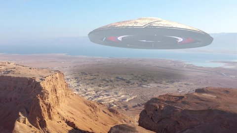 Alien Ufo Saucer Hovering over Desert Mountains And sea, Aerial 
Masada, Dead sea, Israel desert, Drone view with visual effect Elements
