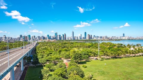 Haikou City Skyline Aerial View Timelapse in the Marina Bay Central Business District, Hainan Province, the Largest Free Trade Zone in China.