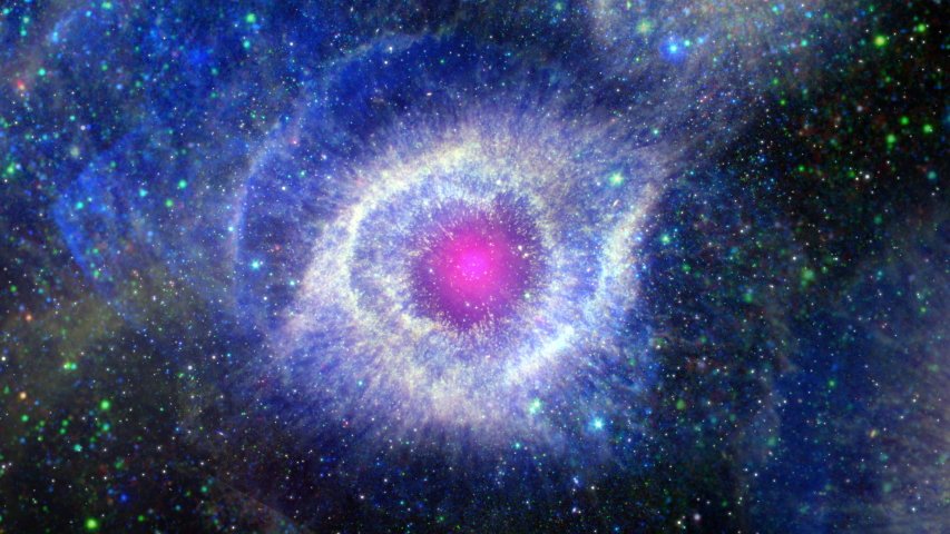 Space flight to Helix nebula eye of God in Deep Space, 4K 3D outer space animation with flying star field in to flare light at center. Universe Space background. | Shutterstock HD Video #1054671140