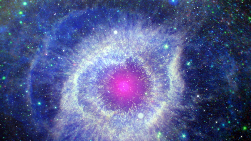 Space flight to Helix nebula eye of God in Deep Space, 4K 3D outer space animation with flying star field in to flare light at center. Universe Space background.