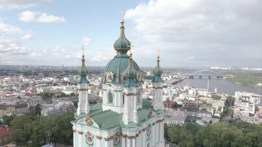 The architecture of Kyiv. Ukraine. St. Andrew's Church. Aerial. Slow motion, gray, flat Royalty-Free Stock Footage #1054671539