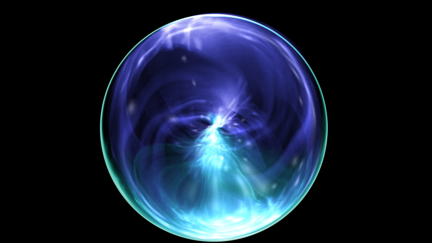 Animated motion of a spiritual meditation in an abstracted crystal ball in a dark background glowing energy flowing in magic crystal ball. Calling spirits to talk, person's fate in sorcerer's hands.