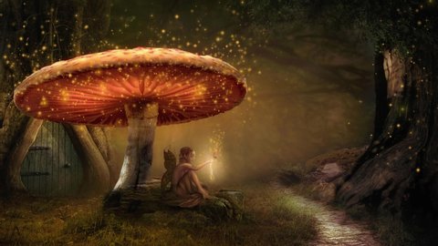 Fantasy Fairy in the Magic Forest sitting under Huge Mushroom